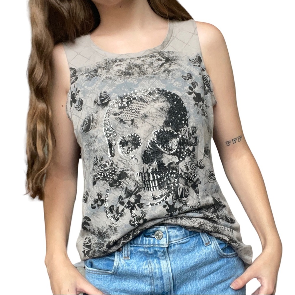 Rock and Republic Gray Grunge Punk Y2K Gothic Skull Print Tattoo Style Tank Top